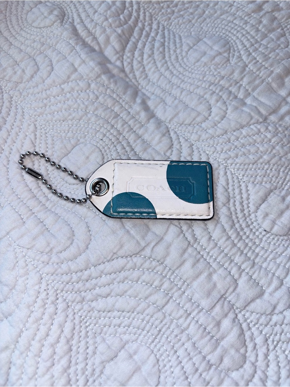 Coach White and Teal Leather Keychain Tag